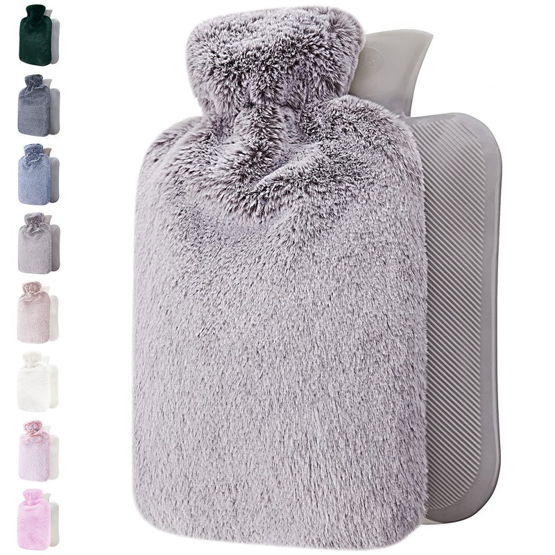 Qomfor Hot Water Bottle with Soft Cover - 1.8L Large - Classic Hot Water Bag for Pain Relief, Neck and Shoulders, Feet Warmer, Menstrual Cramps, Hot and Cold Therapy - Great Gift - Light Grey - Image 1